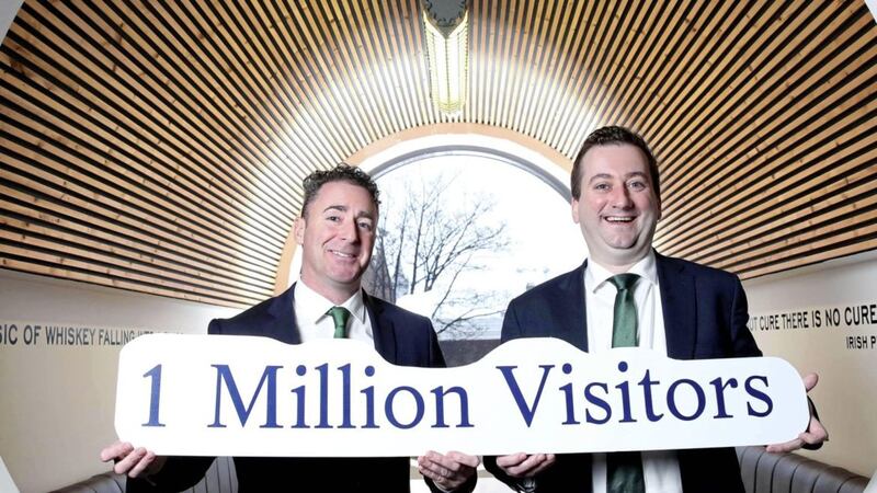 Pictured at Teeling Distillery to mark the milestone of one million people visiting Irish whiskey distilleries and brand homes last year are Andrew Cowan of Matt D&rsquo;Arcy&rsquo;s &amp; Co in Newry and William Lavelle, head of Drinks Ireland | Irish Whiskey Association 