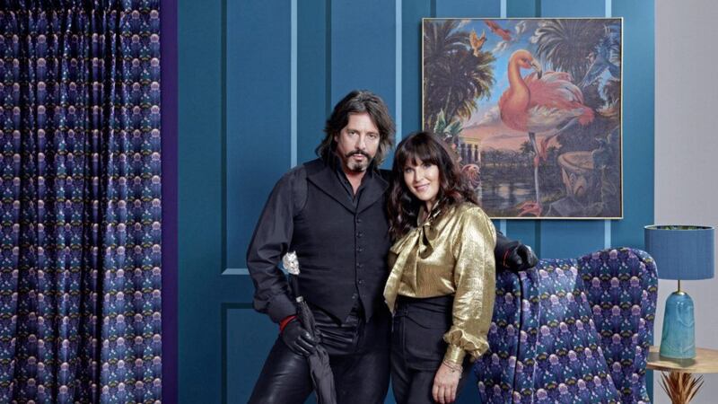 Laurence Llewelyn-Bowen and presenter Anna Richardson on a set designed by Laurence, showing his maximalism design style. Picture by PA Photo/Channel 4 