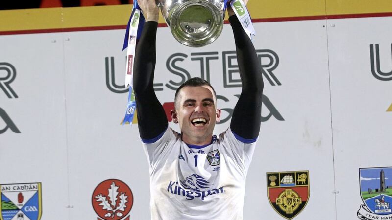 Cavan captain Raymond Galligan lifts the Anglo-Celt Cup. Picture Seamus Loughran 