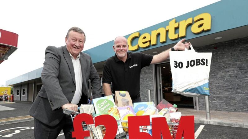 Centra customer manager Norman Bennett with Centra Lake Road Craigavon store owner Tom Greene. Photo: William Cherry/PressEye 