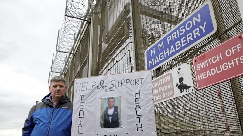 Paul McConville, whose son Daniel took his own life in HMP Maghaberry, pictured during Sunday&#39;s protest at the gates of the jail. Picture by Ann McManus 