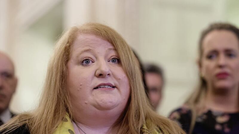 Alliance Party leader Naomi Long with her party&#39;s newly elected MLAs in the Great Hall of Parliament Buildings at Stormont, Belfast, following the historic result at the weekend with Sinn Fein overtaking the DUP to become the first nationalist or republican party to emerge top at Stormont. Picture date: Monday May 9, 2022.. 