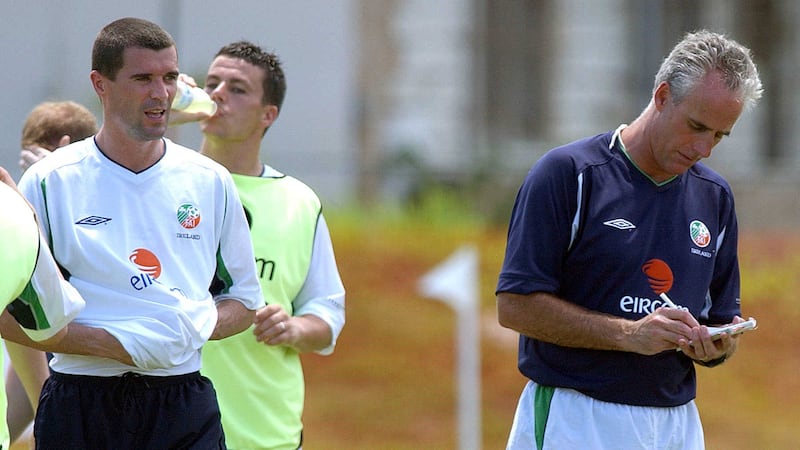 Republic of Ireland manager Mick McCarthy (right) and Roy Keane during a World Cup training session in Saipan on Thursday May 23 2002. &nbsp;