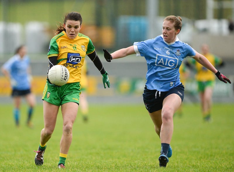 Niamh Hegarty of Donegal in action against Muireann Ni Scaniall of Dublin during the Lidl Ladies Football National League Division 1 Round 1 match at Letterkenny in Donegal. Picture by Oliver McVeigh/Sportsfile&nbsp;