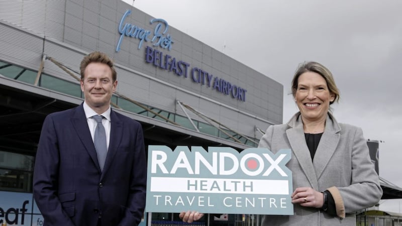 Belfast City Airport&rsquo;s operations manager Judith Davis joins David Adamson, regional manager at Randox Laboratories, to announce the creation of a new in-terminal Covid testing centre 