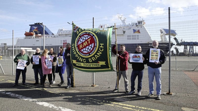 Protest at the Causeway European docked in the port of Larne following the news that 800 P&amp;O Ferries seafaring staff had been sacked. Picture: Hugh Russell 