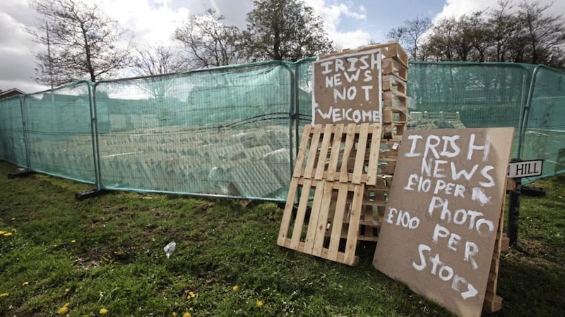 A sign beside the bonfire material left at Milltown Hill in south Belfast.  Picture by Ann McManus. 