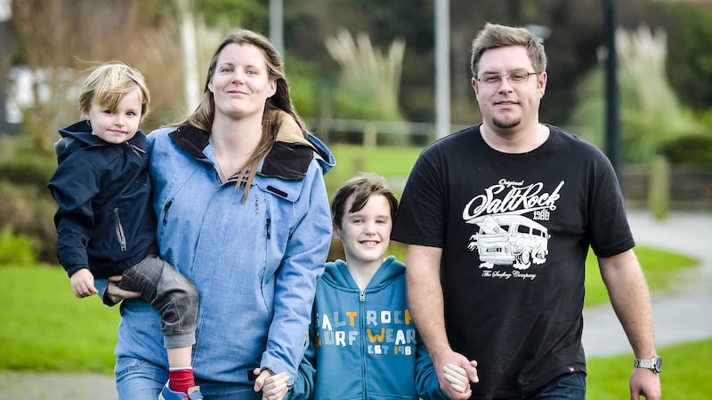 &nbsp;Nine-year-old Nathan Crawford,second right, with his younger brother Ned Alison, mother Donna Hunt and stepfather Jonathan Alison near their home in Bude, Cornwall