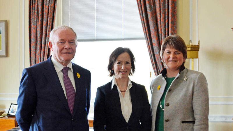 Quango commissioner Judena Leslie with Martin McGuinness and Arlene Foster as they announce new targets for redressing a gender imbalance in public appointments   