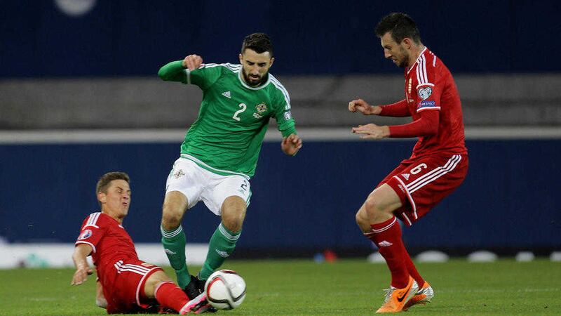 Conor McLaughlin in action for Northern Ireland against Hungary during Euro 2016 qualifying <br />Picture by Cliff Donaldson