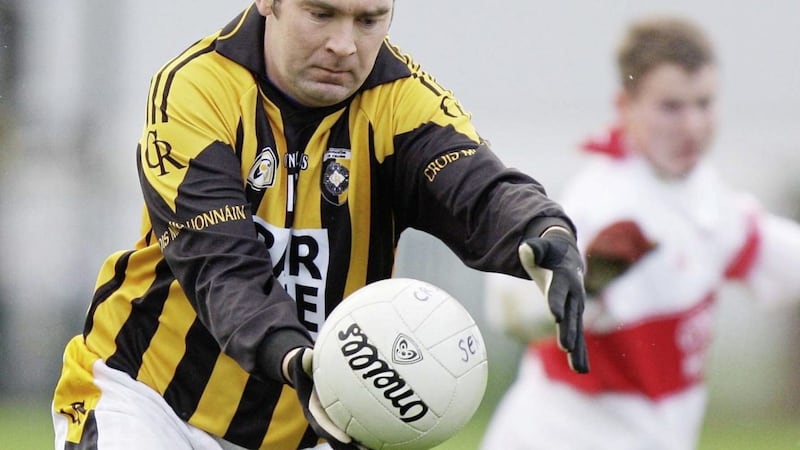 Crossmaglen&#39;s Oisin McConville lines up a kick during Sunday&#39;s game with St Patricks. Picture: Cliff Donaldson.. 
