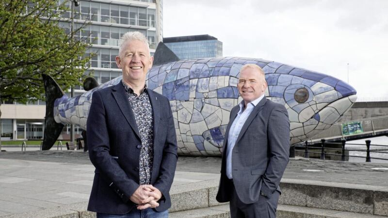 Patrick McAliskey (left) will become chairman of Outsource Group with a remit to help create the best workplace culture in Northern Ireland and lead a series of &lsquo;game-changing&rsquo; acquisitions. He is pictured with Outsource Group chief executive Terry Moore 