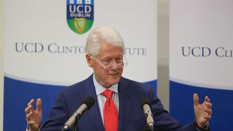 &nbsp;Former US President Bill Clinton during his speech to the University College Dublin on the eve of the 20th anniversary of the Good Friday Agreement. Niall Carson/PA Wire