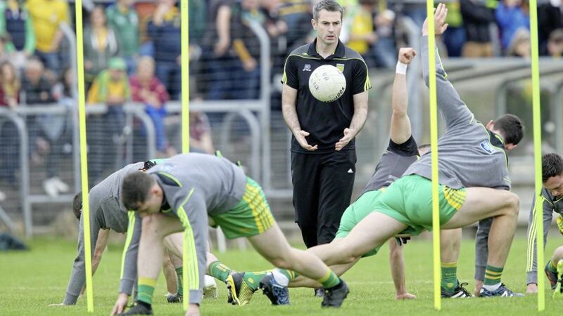Donegal had time for extra stretches before playing Galway - because of extra time in the Cork-Mayo game. Pic Philip Walsh 