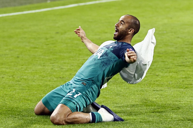 Tottenham's Lucas Moura celebrates in front of the fans at the end of the Champions League semi-final second leg soccer match between Ajax and Tottenham Hotspur at the Johan Cruyff Arena in Amsterdam, Netherlands, Wednesday, May 8, 2019. (AP Photo/Peter Dejong)&nbsp;
