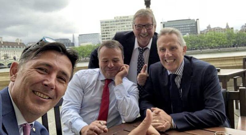 Ian Paisley (right) in June 2018 with leading Leave campaigner Arron Banks (second left), Sammy Wilson (second right) and Andy Wigmore, director of communications for Leave.EU 