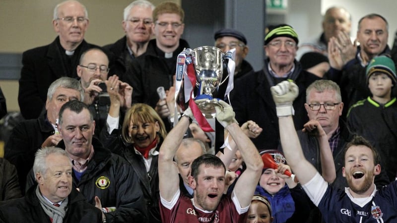 Slaughtneil goalkeeper Antoin McMullan (right) and then captain Francis McEldowney celebrate their 2014 Ulster Final win over Omagh St Enda's.<br /> Picture Colm O'Reilly