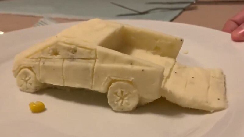 Dan Milano shared videos of his brother making Thanksgiving art modelled after Tesla’s new CyberTruck.