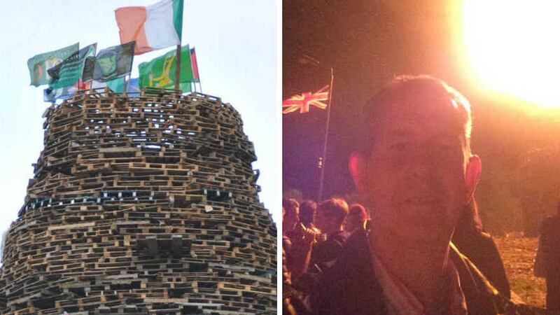 The DUP's Edwin Poots took a selfie beside a blazing bonfire in Lisburn that had earlier been bedecked in tricolours<br />&nbsp;