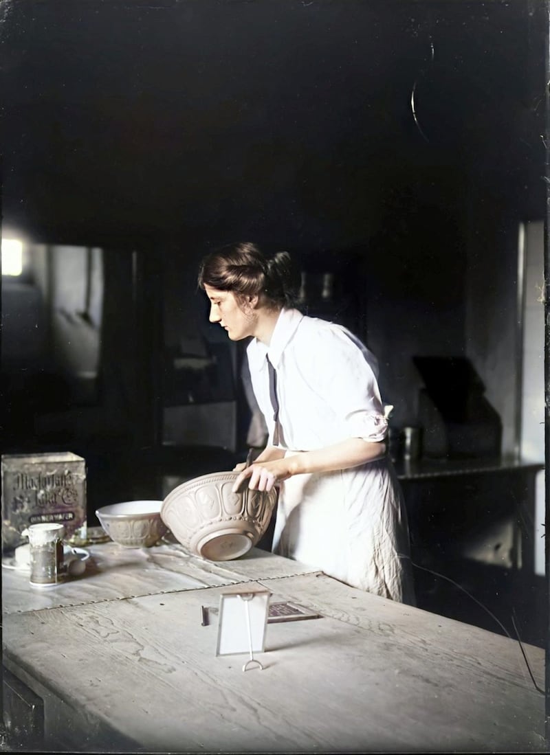 Woman Baking; circa 1910, Galgorm Castle, Ballymena, Co Antrim. A photograph by Mary Alice Young, inspired by Flemish art. Young was the eldest daughter of the Rt Hon Sir FEW Macnaghten and in 1893 she married WR Young, the eldest son of the Rt Hon John Young and the owner of Galgorm Castle. Between 1890 and 1915 she took over a thousand photographs, making her one of the period&rsquo;s most prolific female photographers. Picture from the Public Record Office of Northern Ireland 