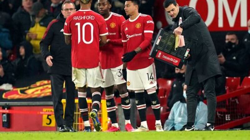 Manchester United's Marcus Rashford is substituted for team-mate Anthony Elanga during the Emirates FA Cup third round match against Aston Villa at Old Trafford  Picture: Jon Super/PA