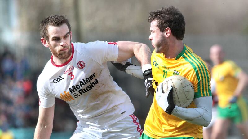 Tyrone's Ronan McNamee up against Donegal's Odhr&aacute;n Mac Niallais in the Ulster Championship&nbsp;