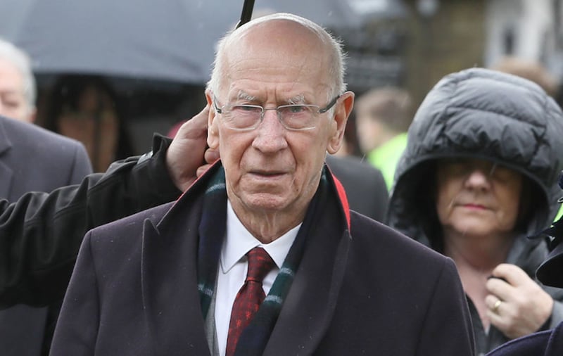 Sir Bobby Charlton arrives for the funeral of former Manchester United and Northern Ireland goalkeeper Harry Gregg, at St Patrick's Parsh Church, Coleraine. Picture by Brian Lawless/PA Wire&nbsp;