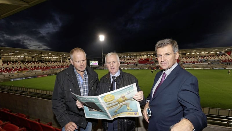 Trevor Ringland (left) pictured with Irish News sports editor Thomas Hawkins and editor Noel Doran at Game for Anto. Picture by Hugh Russell. 