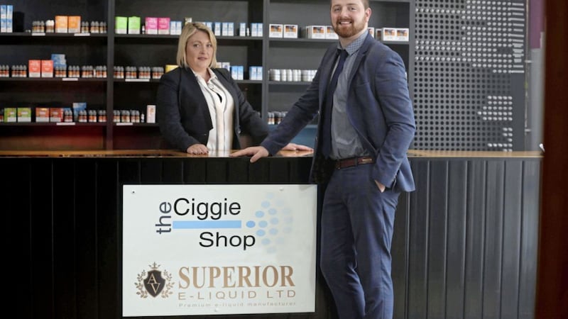 Pictured at the announcement in the group&rsquo;s flagship store in Lisburn are The Ciggie Shop managing director Angeline Richardson and Stephen Ryan Jnr, managing director of Superior E-Liquid 