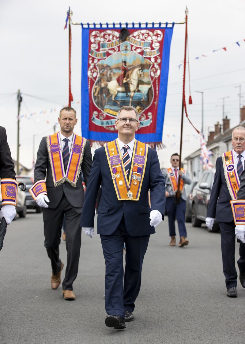 DUP leader Jeffrey Donaldson marching as a member of Ballinran Orange Lodge through Kilkeel, Co Down, to mark the Twelfth of July in 2021 