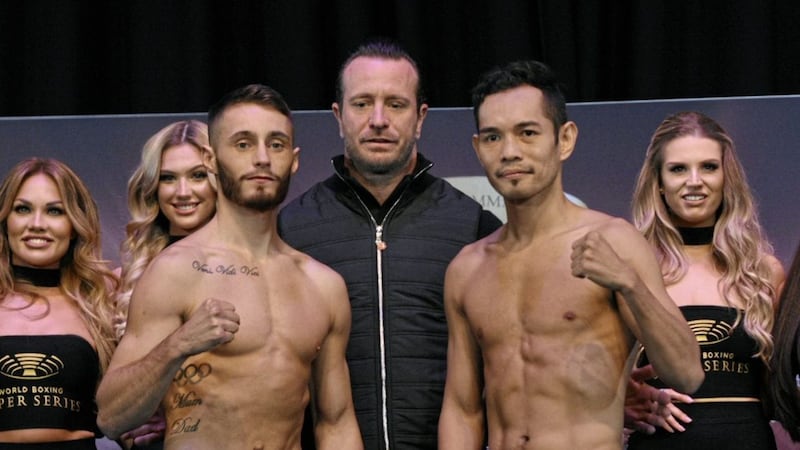 Ryan Burnett and Nonito Donaire with promoter Kalle Sauerland during yesterday&#39;s weigh-in at the Scottish Exhibition Centre in Glasgow. Picture by Jennifer Charlton 