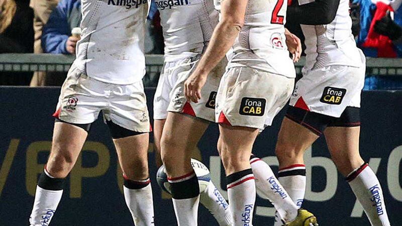 Stuart McCloskey celebrates running in one of five Ulster tries against Toulouse last Friday night <br />Picture by Presseye