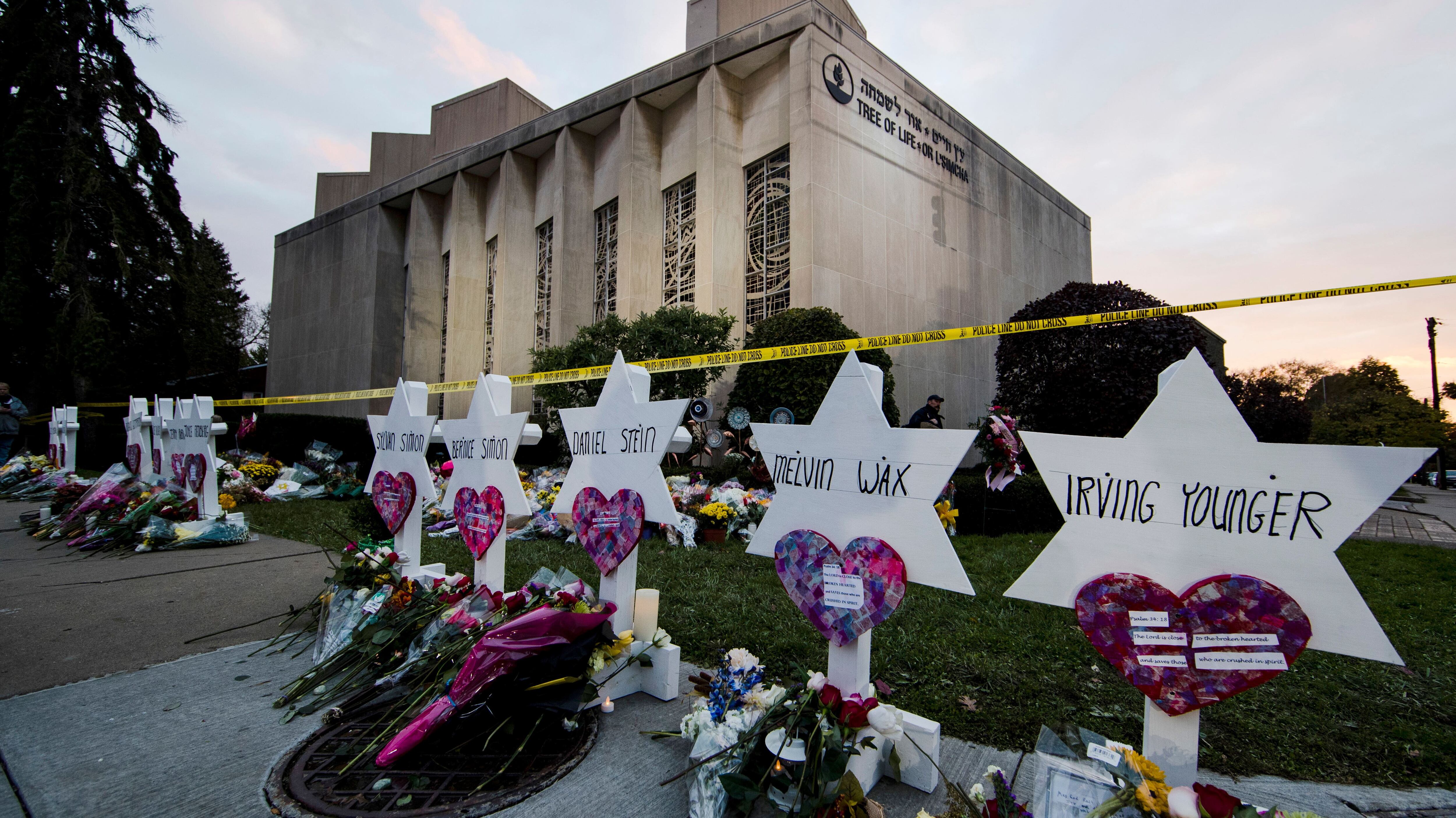 A makeshift memorial stands outside the Tree of Life Synagogue in the aftermath of the deadly shooting in Pittsburgh on October 29, 2018. Robert Bowers now faces the death penalty for the attack (Matt Rourke/AP/PA)