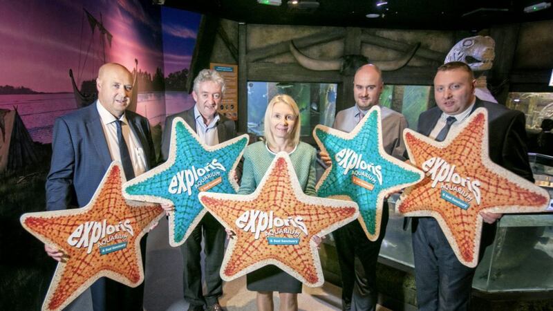 Celebrating a full five stars are: Kevin Quinn, director Exploris; John McGrillen, CEO Tourism NI; Alison Stobie, Ards and North Down Borough Council; Kieran Quinn and Phelim Devlin, Exploris directors  