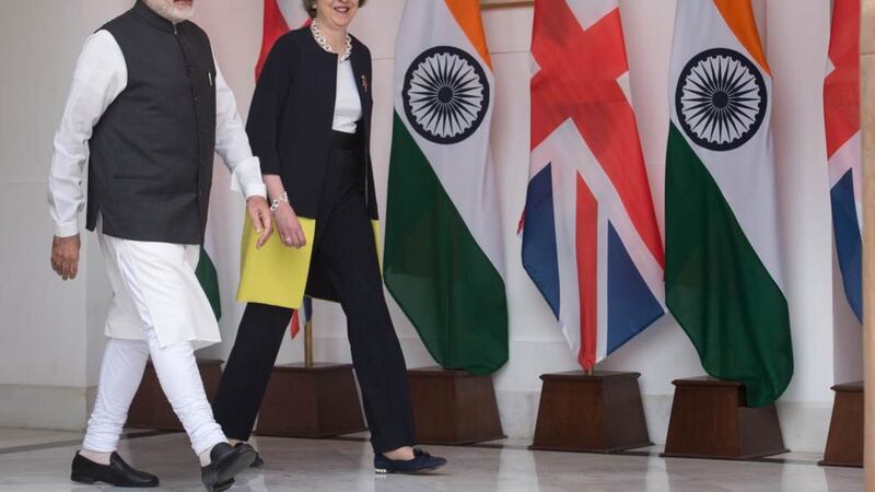 Prime Minister Theresa May and her Indian counterpart Narendra Modi meet at Hyderabad House, the Indian Prime Minister&#39;s offices in New Delhi, where they held bilateral talks about trade between the UK and India 