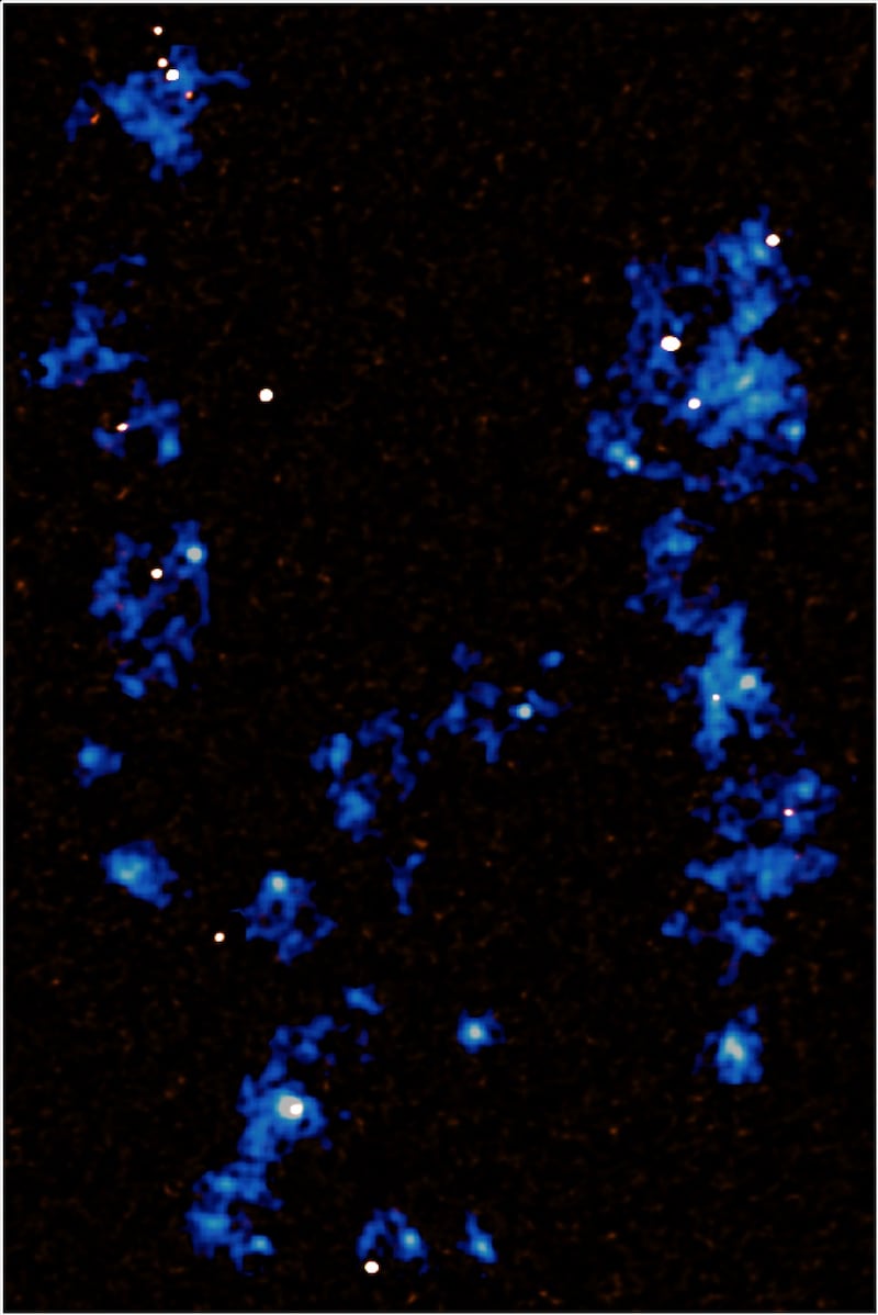 Map showing the blue gas filaments, with white dots showing very active star forming galaxies which are being fed by the filaments 