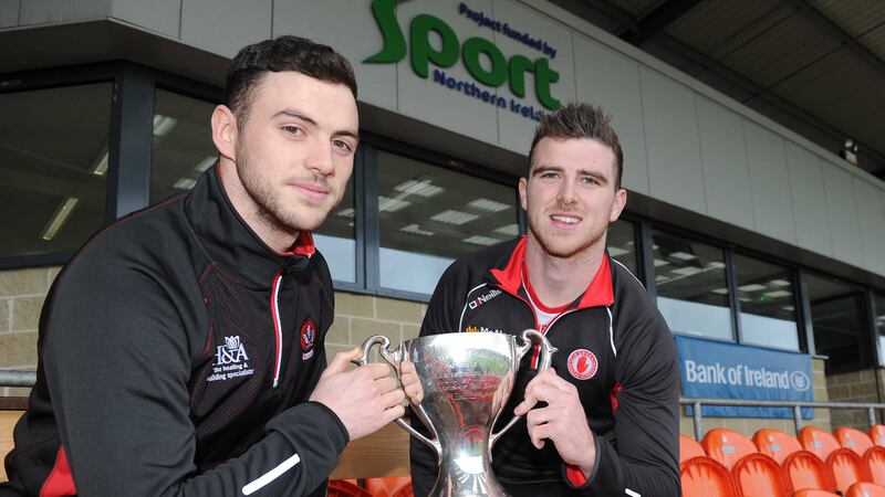 Derry&rsquo;s Daniel McKinless (left) and Tyrone&rsquo;s Connor McAliskey at Thursday&rsquo;s launch of the Bank of Ireland Dr McKenna Cup final at the Athletic Grounds in Armagh