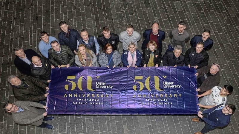 Former Ulster University GFC members help launch the club&#39;s 50th anniversary celebrations. Pic: Mark Marlow  