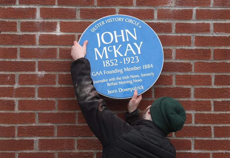 A Blue plaque is erected at  the new Irish  News offices for  GAA founder John McKay.
PICTURE COLM LENAGHAN