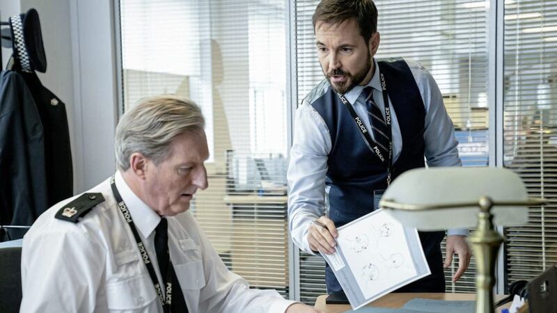 Adrian Dunbar as Superintendent Ted Hastings and Martin Compston as DS Steve Arnott in Line of Duty. Picture by PA Photo/BBC/World Productions/Steffan Hill 