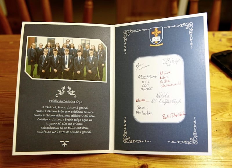 A card signed by A-Level Irish students at St Patrick's Academy in Dungannon, which was presented to Morgan's parents last week