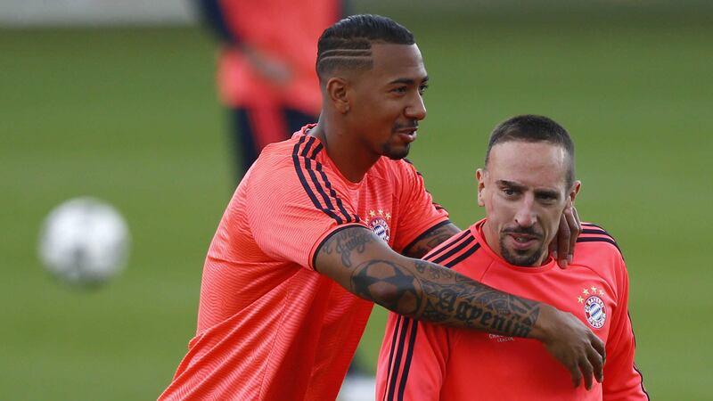 Bayern Munich's Jerome Boateng with team-mate Franck Ribery during a training session on Monday&nbsp;<br />Picture by AP