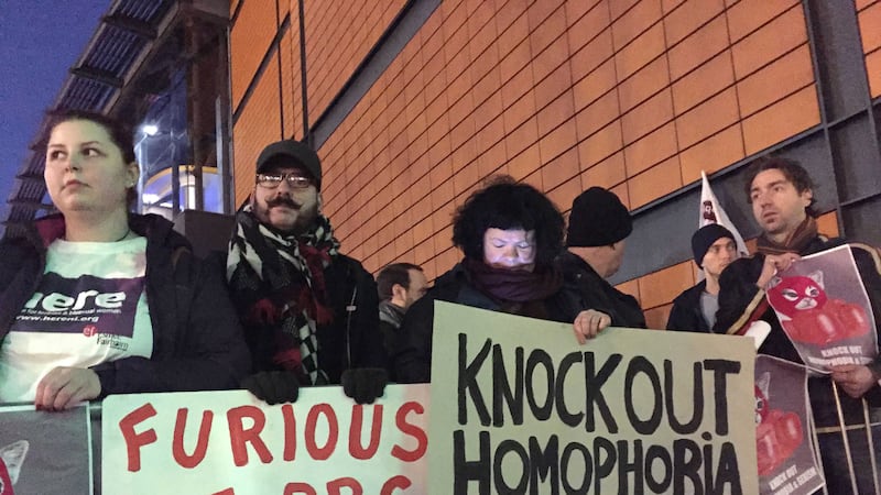 Gay rights campaigners picketed the BBC Sports Personality of the Year awards ceremony in Belfast over the shortlisting of controversial boxing champion Tyson Fury<br />&nbsp;