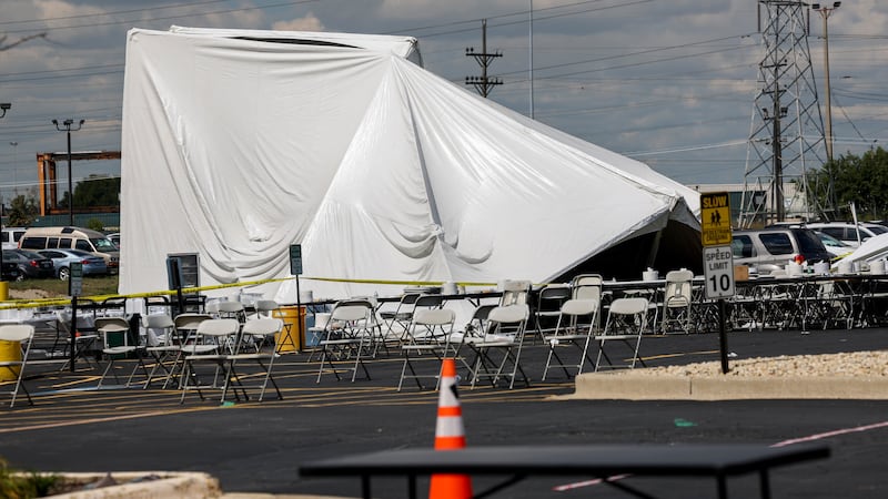 A collapsed tent in a car park in Bedford Park, Chicago (Armando L Sanchez/Chicago Tribune via AP)