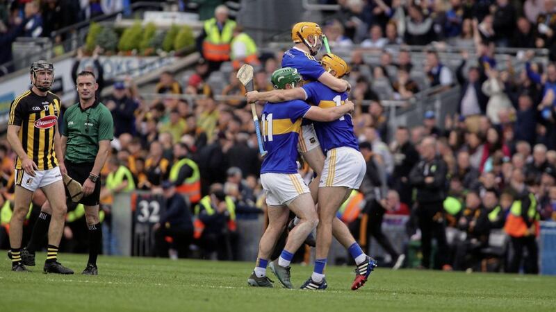 John O&#39;Dwyer (11) with Mark Kehoe and Seamus Callanan celebrate at the final whistle in yesterday&#39;s final at Croke Park. Picture: Seamus Loughran. 