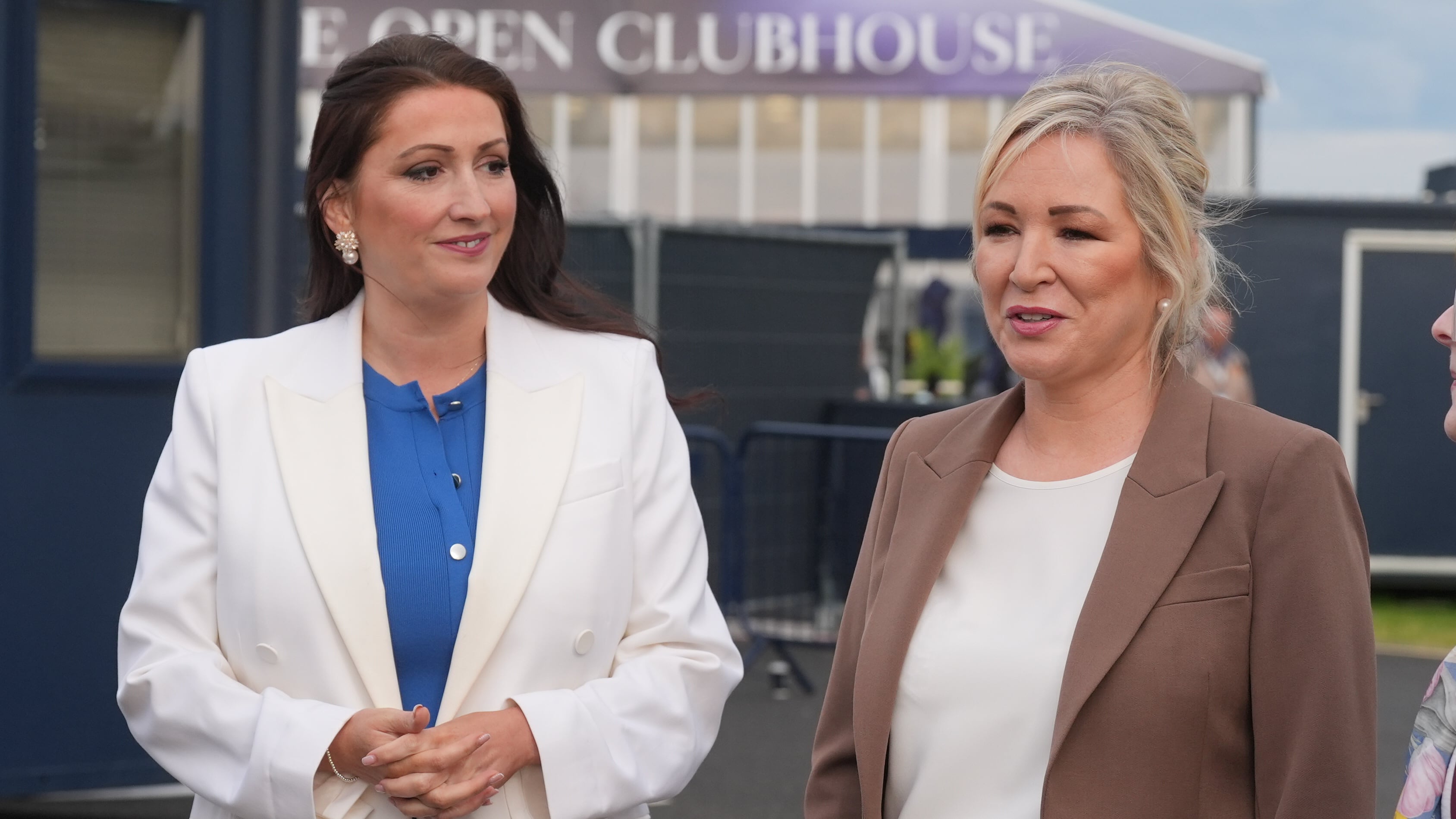 Northern Ireland deputy First Minister Emma Little-Pengelly and Northern Ireland First Minister Michelle O’Neill, during their visit on day one of The 153rd Open Championship at Royal Portrush, County Antrim, Northern Ireland
