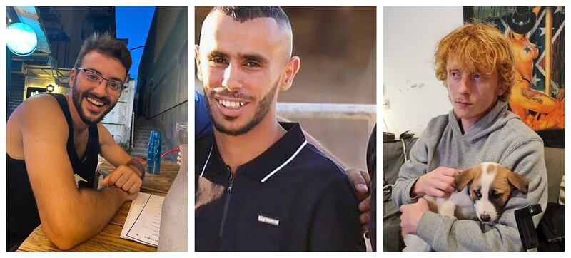 The hostages from left, Alon Shamriz, Samer Al-Talalka and Yotam Haim (Courtesy of the Shamriz, Al-Talalka and Haim families via AP)
