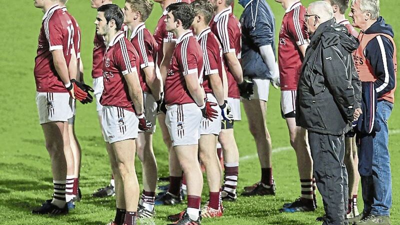 11/11/2017: Slaughtneil manager Mickey Moran and assistant John Joe Kearney with the team before taking on Kilcar during the Ulster Football Senior Club Championship semi-final match played at Healy Park, Omagh on Saturday night. Picture Margaret McLaughlin.
