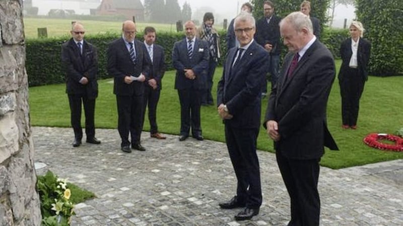 Martin McGuinness lays a wreath to Ireland&#39;s fallen WWI soldiers in Messines. Picture by BBC. 