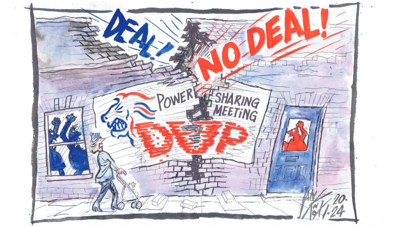 A cartoon showing a building being split apart as the DUP hold a meeting inside it and argue over whether to return to Stormont powersharing